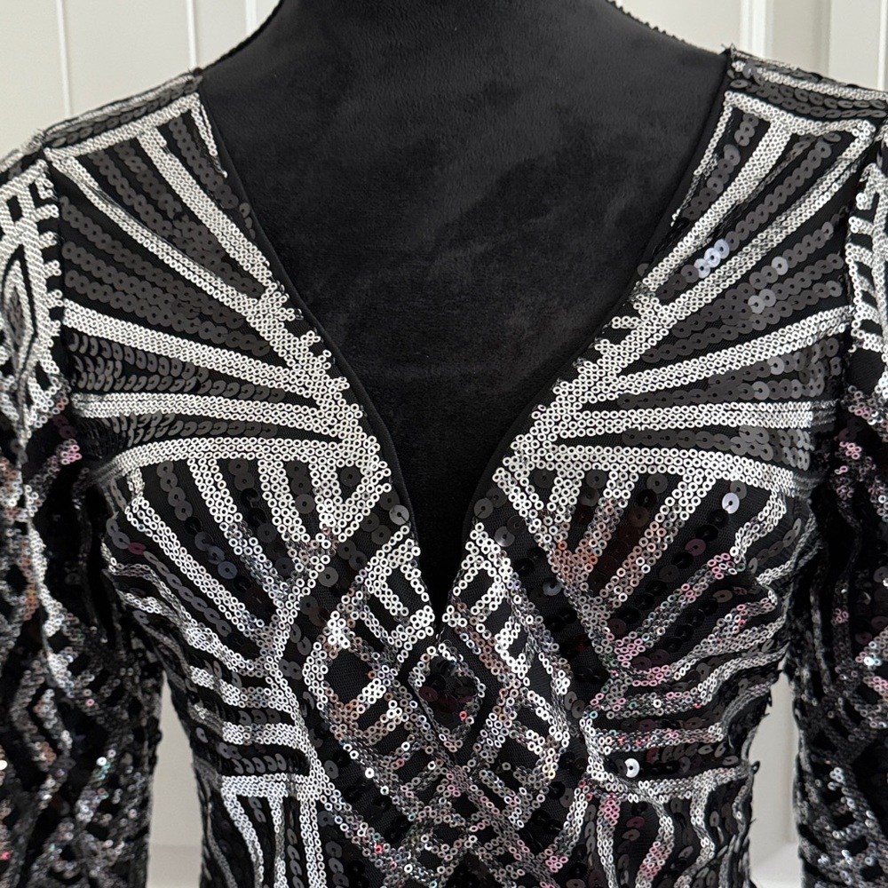 VENUS Black and Silver Long Sleeve Sequin Dress - Picture 3 of 12